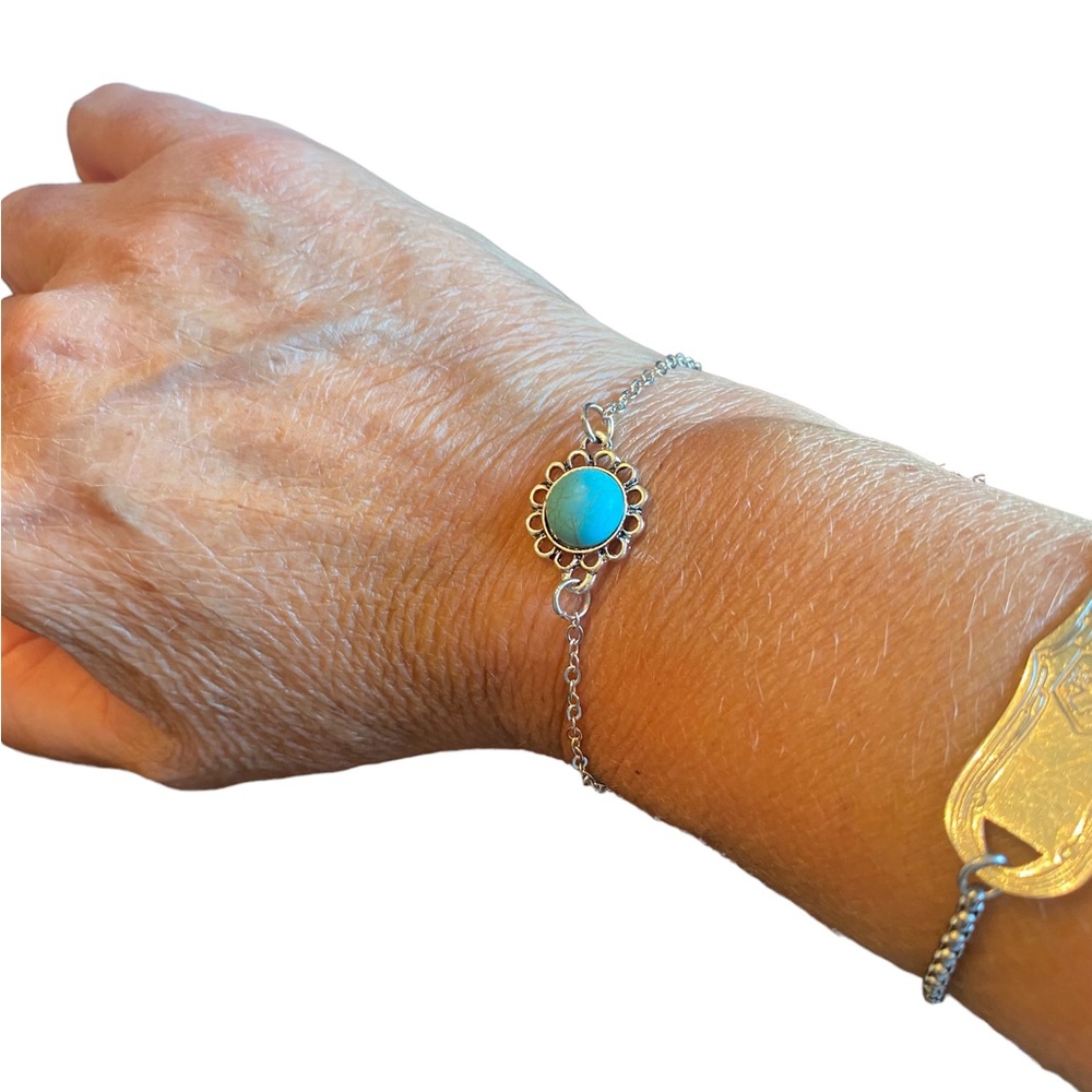 Boho Dainty Turquoise and Silver Flower Bracelet